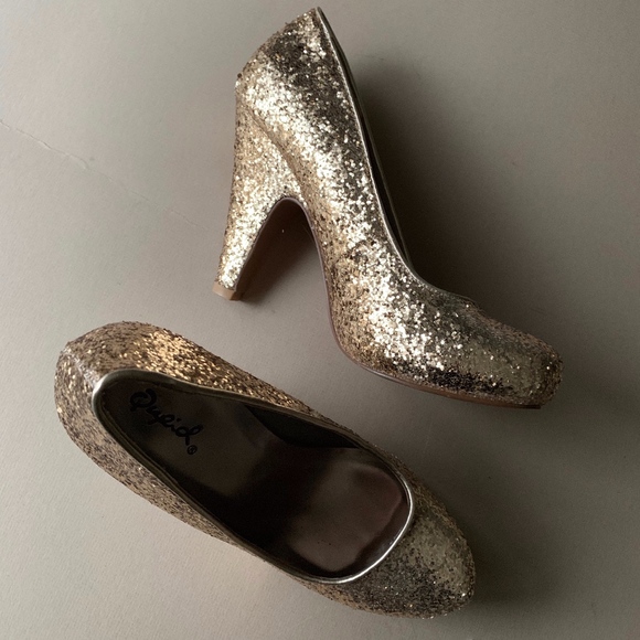 GOLD GLITTER SPARKLE KITTEN HEEL PUMP SHINY FORMAL - Picture 1 of 8